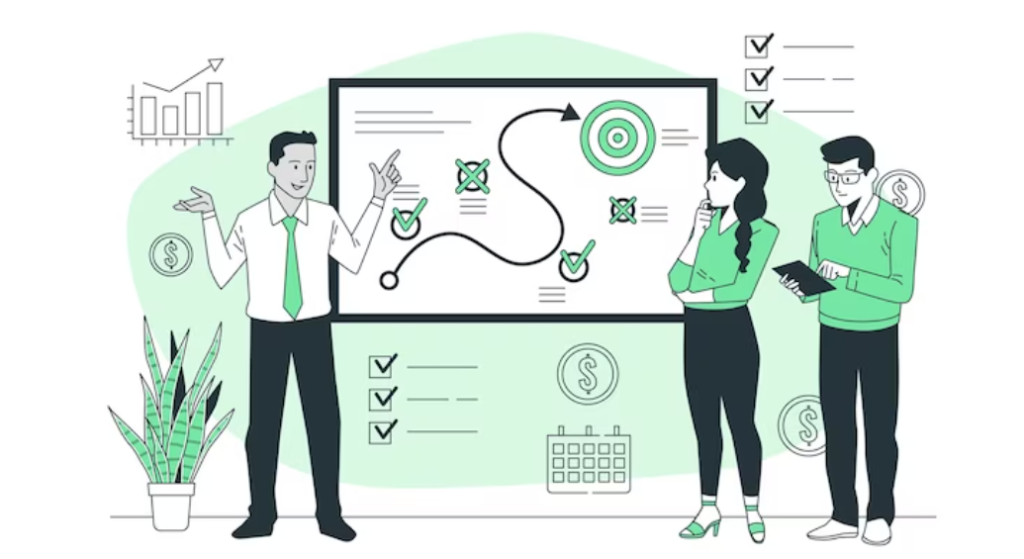 Illustration of a playbook surrounded by marketing icons representing startup growth hacking techniques.