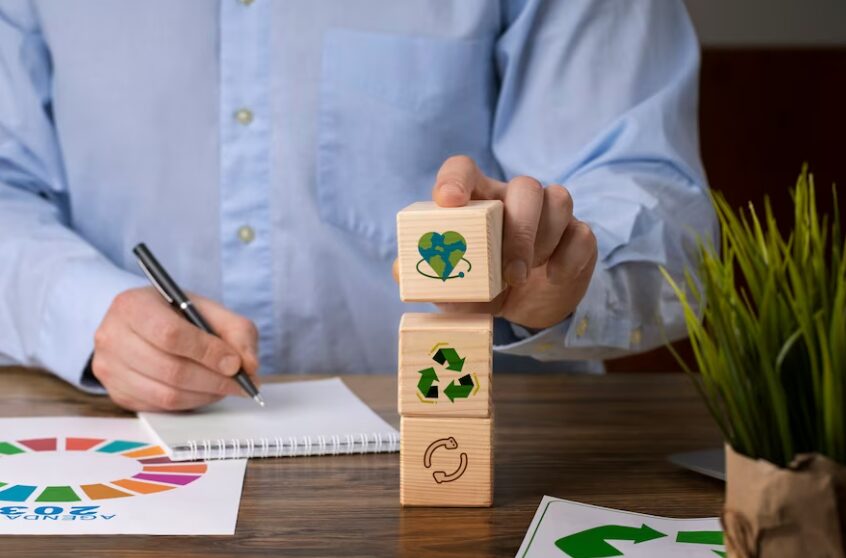 Green business practices showcasing sustainability and environmental responsibility as examples of company objectives.